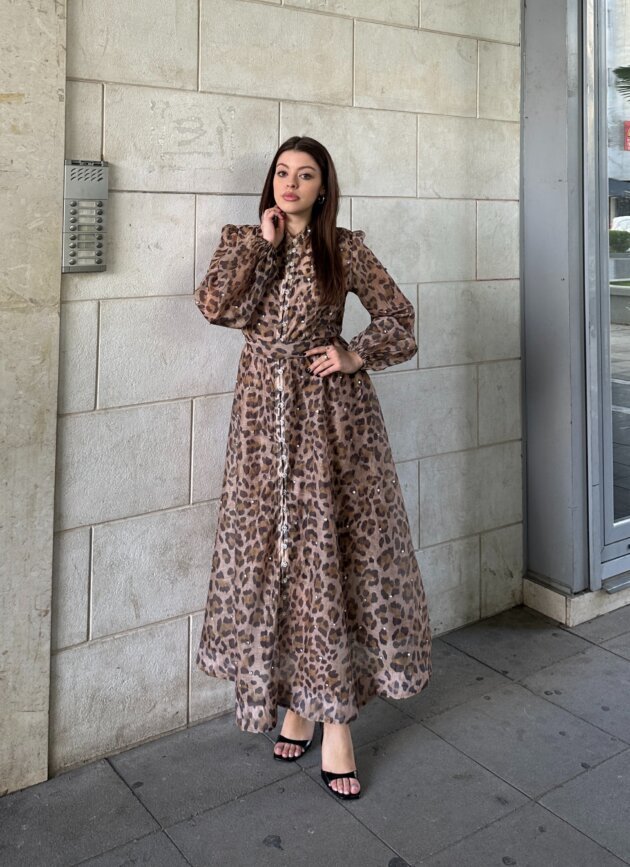 Fustan I Gjate Me Print Animal Dhe Kopsa Perpara