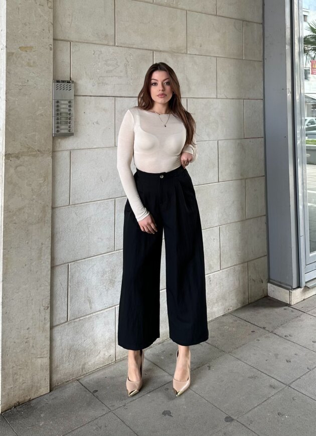 Pantallona Wide Leg Me Bel Te Larte Dhe Penca Elegante