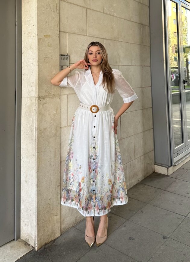 Fustan I Gjate Me Kopsa Dhe Rrip Ne Bel Elegant