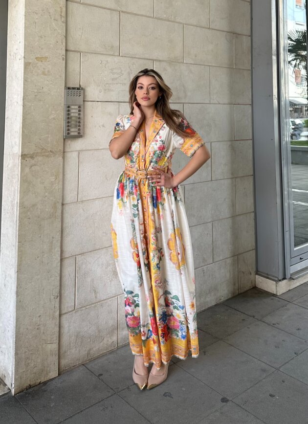Fustan Maxi Me Rrip Ne Bel Dhe Print Elegant