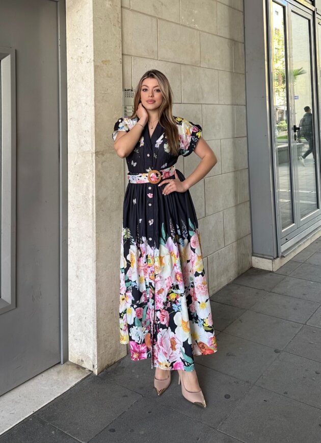 Fustan Me Lule Dhe Rrip Ne Bel – Midi