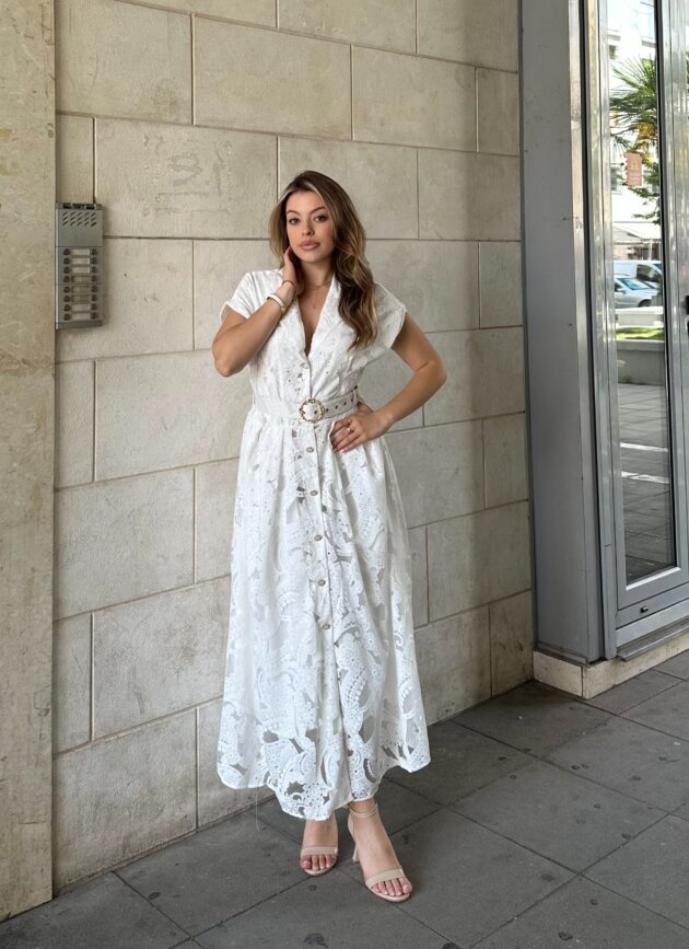 Fustan Me Dantelle Dhe Rrip Ne Bel – Midi