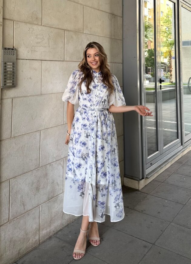Fustan Me Print Floral Dhe Menga Te Fryra – Midi