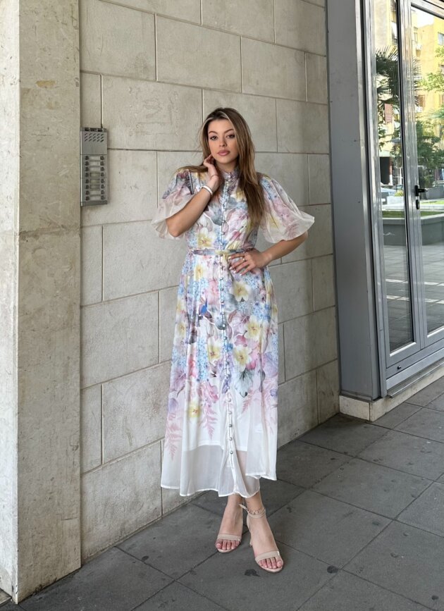 Fustan Me Print Floral Dhe Rrip Ne Bel – Midi