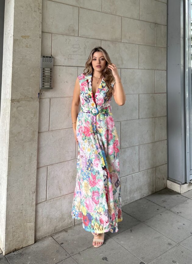Fustan Me Print Floral Dhe Rrip Ne Bel