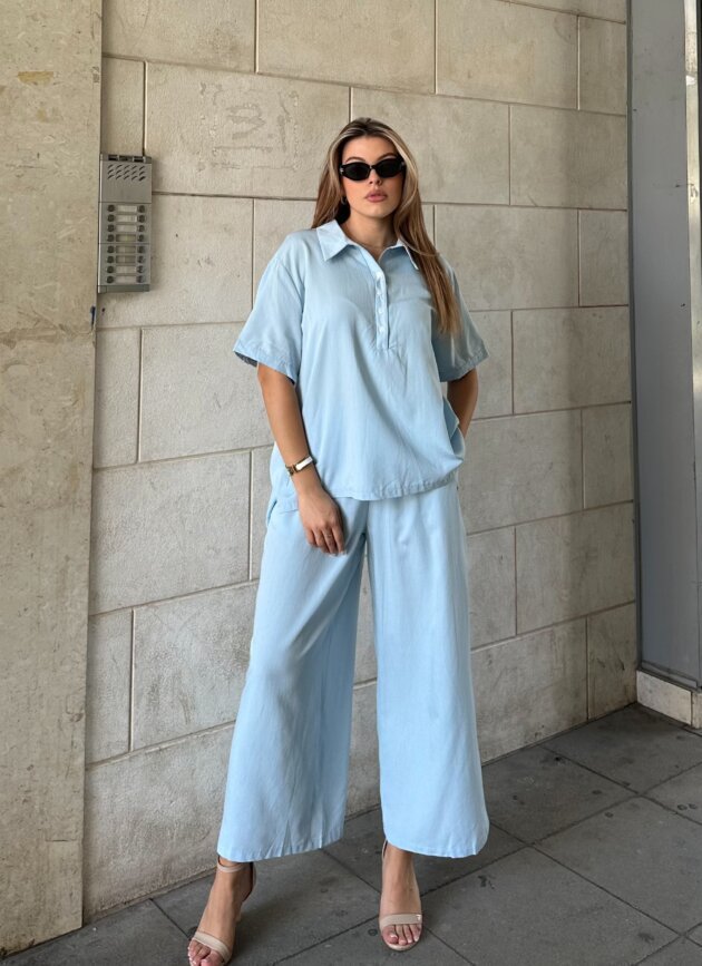 Set Lino Me Kemishe Oversize Dhe Pantallona Te Gjera