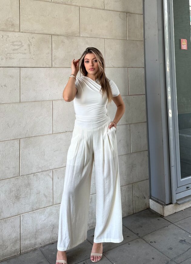 Pantallona Lino Wide Leg Me Bel Te Larte