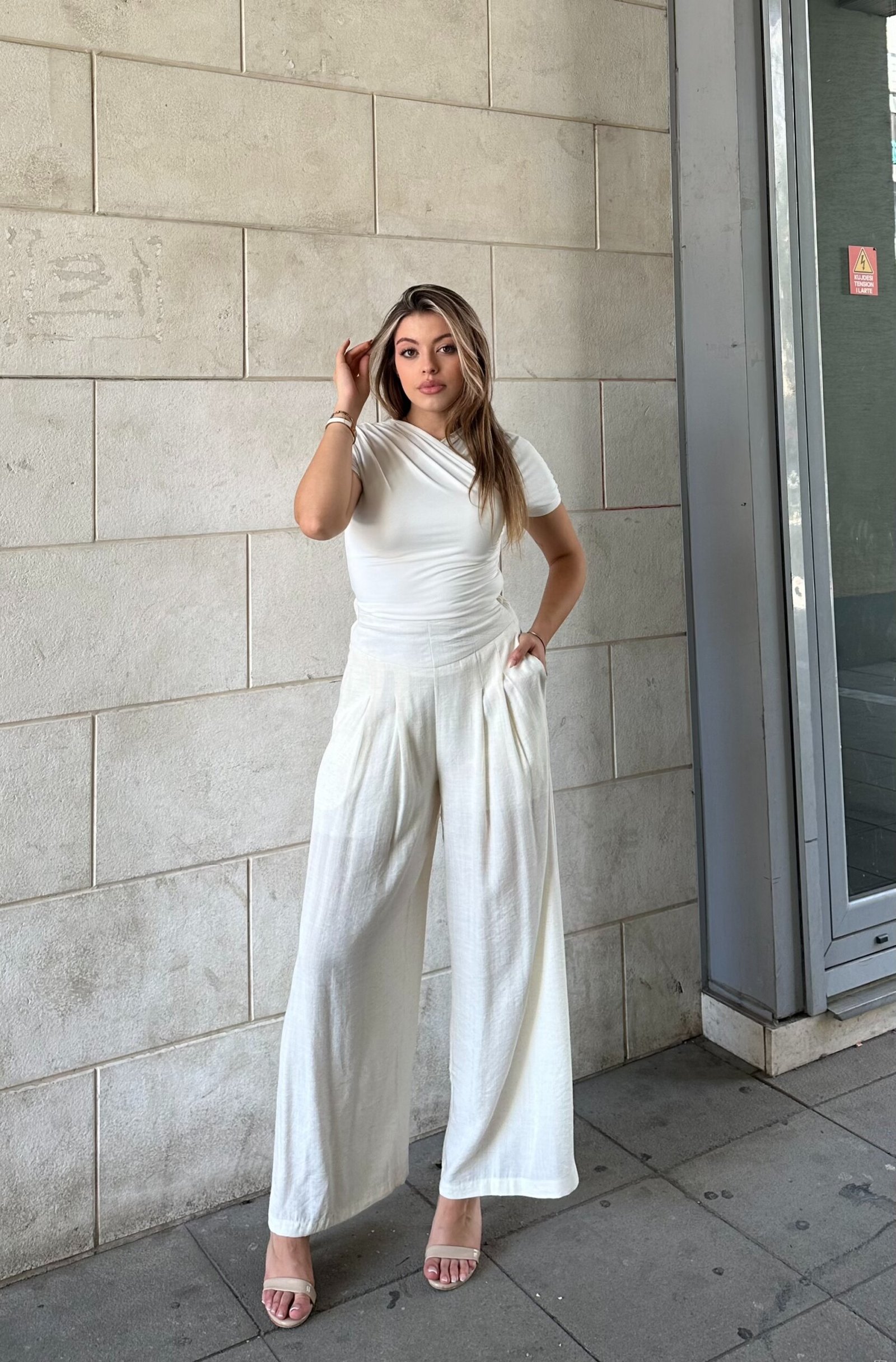 Pantallona Lino Wide Leg Me Bel Te Larte